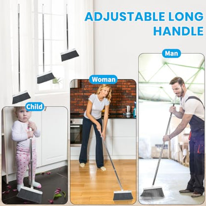 Stand Up Dustpan and Broom Set 50” Long Handle Broom with Dust Pan, 20° Angled for Ergonomic Home Office Indoor Sweeping - color: Gray