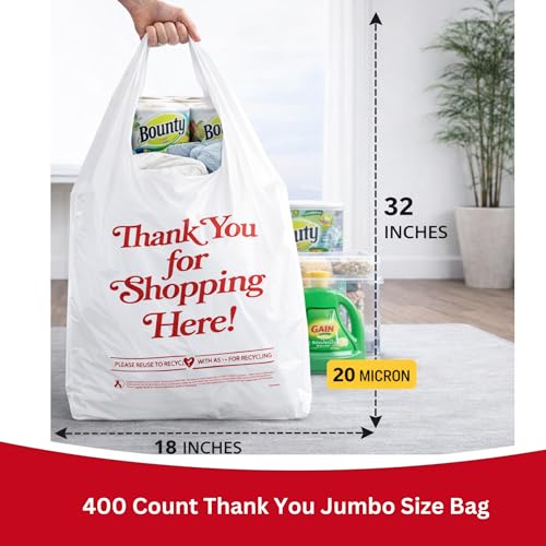 Jumbo Thank You Plastic T-Shirt Bags with Handles, 400 Count, 20 Micron Heavy Duty Grocery & Retail Bags, Large White Carryout Bags, 18" x 7" x 32", for Stores, Takeout & Shopping
