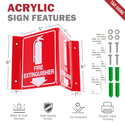 T&R Fire Extinguisher Sign, Fire Extinguisher with Down Arrow - 8 Pack - 8 x 6 Inches Acrylic, 4 pre-drilled holes, Includes Matching Screws, Use for Home Office/Business - color: V - 8 Pack
