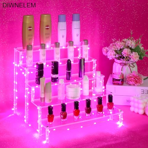 5 Tier Acrylic Risers - Acrylic Display Stands with Pink LED Light - color: Clear with Pink Light