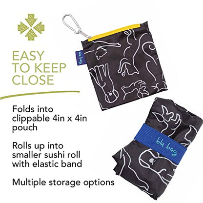 rockflowerpaper Reusable Grocery Bags - Washable, Foldable, Packable Tote, Large Handles, Heavy Duty, Zippered Top Pouch - color: Dog and Cat