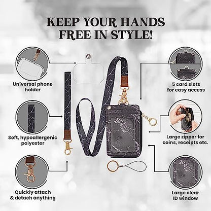 Mondo Designs 2-in-1 ID Badge Holder Lanyard Wallet - Black Marble - color: Black Marble
