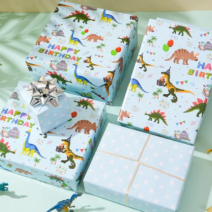 ZINTBIAL Dinosaur Reversible Wrapping Paper Roll - Boys & Girls Birthday Gift Wrapping Paper - 17 Inch x 33 Feet - Great for Baby Shower, Kids Party - Blue Dinosaur Design with White Polka Dots Back - color: Dinosaur -Blue
