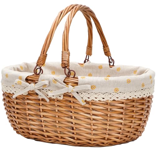 Good GAIN Wicker Picnic Basket w/Fold Handles,Willow Empty Baskets, Yellow - color: Yellow
