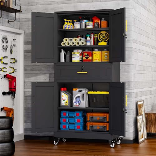 pozdeg 74" Black Lockable Rolling Metal Garage Storage Cabinet - color: Black
