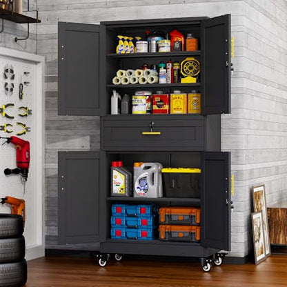 pozdeg 74" Black Lockable Rolling Metal Garage Storage Cabinet - color: Black