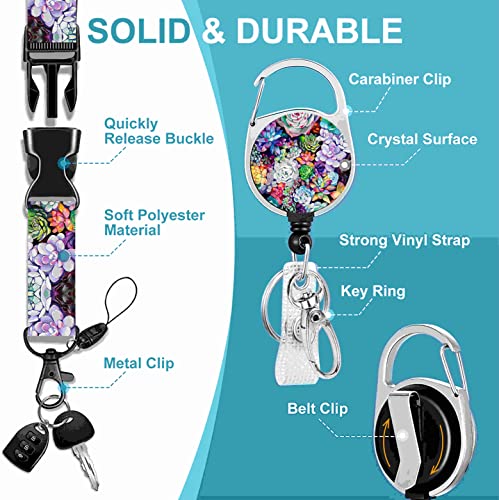 Badge Lanyard and ID Badge Holder, Retractable Badge Reels with Carabiner Reel Belt Clip, Strap Lanyard with Lobster Clasp for Badge Holders, Nurse Teacher Office Gifts(BLC-Green Flowers) - color: Blc-succulents