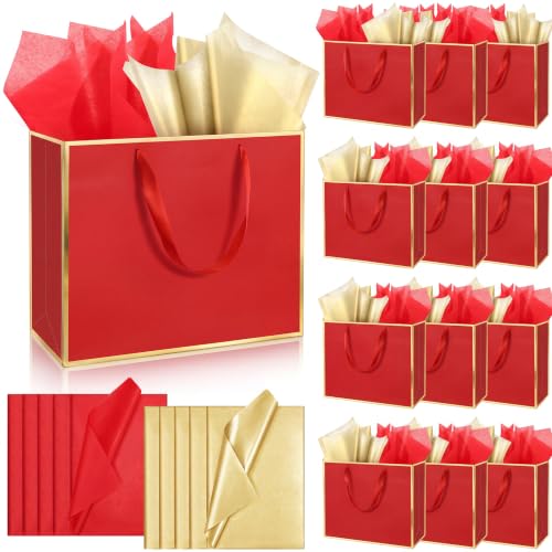 ReliThick 12 Pack Paper Gift Bag with Handles & Tissue, Red, Gold - color: Red, Gold
