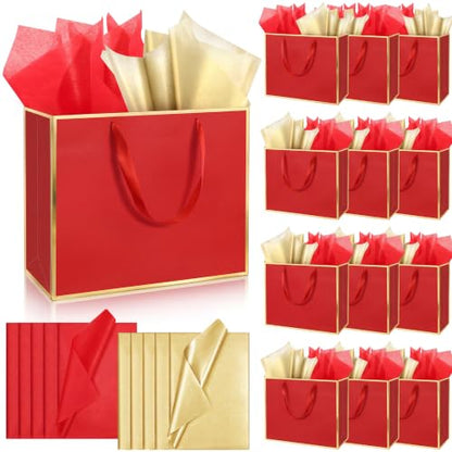 ReliThick 12 Pack Paper Gift Bag with Handles & Tissue, Red, Gold - color: Red, Gold