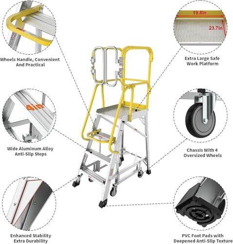 4-Step Aluminum Rolling Platform Ladder 375 LBS Anti-Slip Platform - size: 4 Step