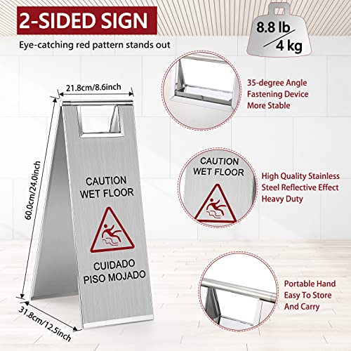 LEIFIDE 1 Pcs Wet Floor Signs, Bilingual Stainless Steel,Silver - color: Silver