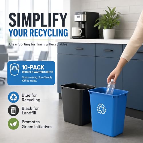10 Pack, Recycle Wastebasket, 13 Qt. / 3 Gallon Rectangular Wastebasket / Trash Can Kit - Compact Recycling Bin, Slim Design for Business, Kitchen, Household, Workplace, and Dormitory - Black and Blue