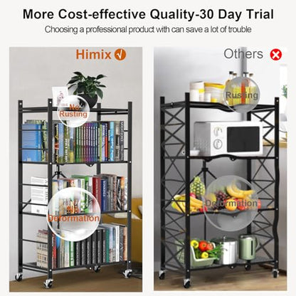 Himix 4-Tier Foldable Storage Shelf with Wheels 20 Hooks Black No Assembly - color: Black, size: 4-Tier