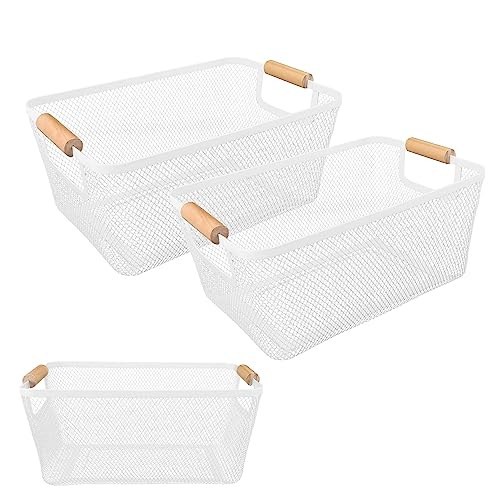 2Pack Metal Mesh Steel Basket with Bamboo Handle - Wire Metal Basket for Kitchen Organization, 12" Wide Food Organizer Bin, Perfect for Organizing Bulk Pantry (WHITE) - color: WHITE