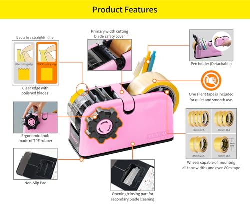 [TENDO°] TENDO Multi-Section Tape Dispenser, Custom Width Tape Cutter with 4 Cutting Sections, Built-in Safety Blade, Ergonomic Grip for Packing and Office Use, ZO-508(Pink) - color: Pink