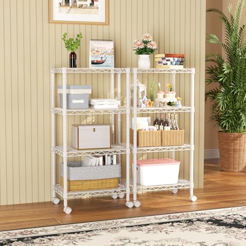 SINGAYE 4 Shelves Storage Shelf Wire Shelving Unit Metal Adjustable Wheels - color: White, size: 4Tier/11.5"D X 17.5"W X 45"H