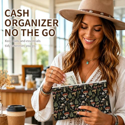 Money Bag with Zipper, Cute PU Leather Cash Bags, Portable Bank Bag Money Pouch for Cash, Coins, Checks, Receipts, Invoices Cosmetics Tools, Deposit Bag for Office Travel, Mushroom - color: Mushroom