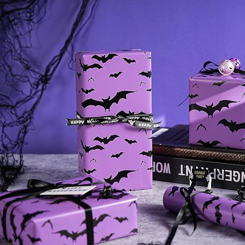 WRAPAHOLIC Bat Halloween Wrapping Paper - Mini Roll - 17 Inch x 16.5 Feet - Purple and Black Bat Wrapping Paper for Halloween Deco, Holiday, Party - color: Purple & Black Bat