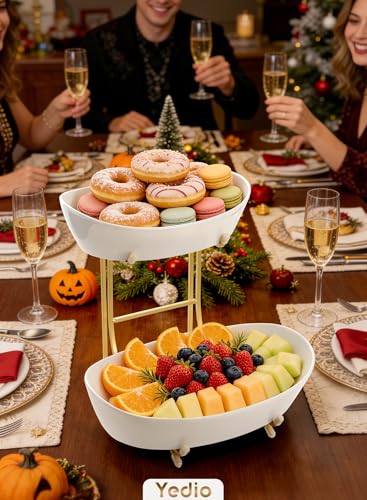 2 Tier Ceramic Fruit Bowl for Kitchen Counter with Gold Metal Stand - color: Gold, size: 2 Tier