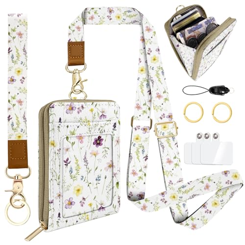 Floral ID Badge Holder & Lanyard Wallet, Cute RFID Women ID Badge Wallet for Women, Credit Card Holders with Zipper Pocket Keychain Phone Lanyard Wrist Strap for Teacher Nurse Gifts - color: White Flowers Leaves