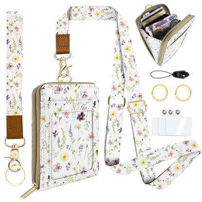 Floral ID Badge Holder & Lanyard Wallet, Cute RFID Women ID Badge Wallet for Women, Credit Card Holders with Zipper Pocket Keychain Phone Lanyard Wrist Strap for Teacher Nurse Gifts - color: White Flowers Leaves