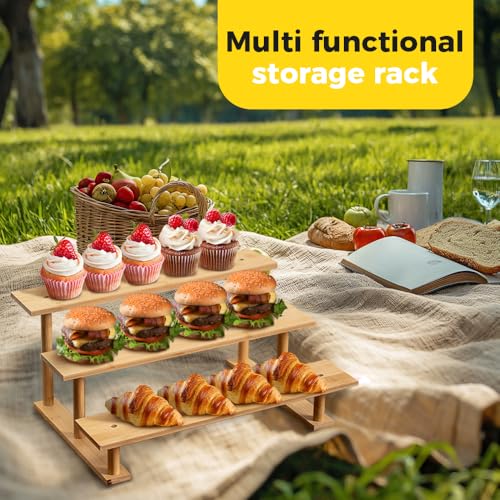 CROISSANT Bamboo and Wood 3 Tier Cupcake Stand, Food Display Risers for Party , Statues and Lego Displays, Cologne Stand, Perfume Display Stand（3 Tier，1Pack）