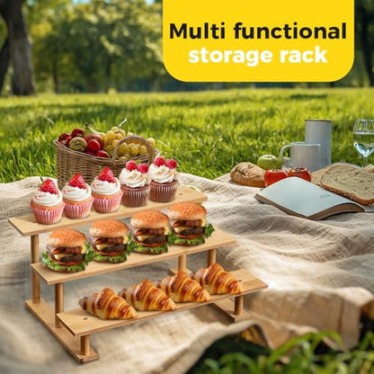 CROISSANT Bamboo and Wood 3 Tier Cupcake Stand, Food Display Risers for Party , Statues and Lego Displays, Cologne Stand, Perfume Display Stand（3 Tier，1Pack）