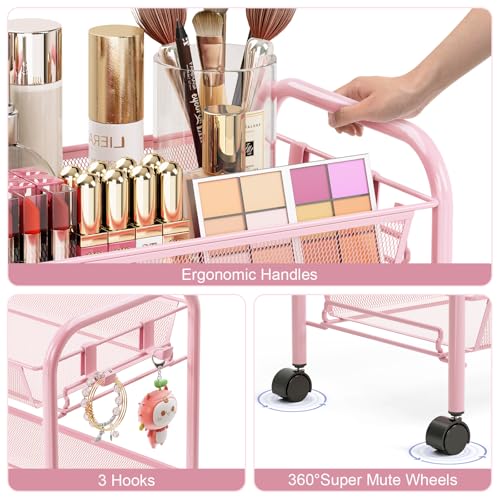 TOOLF 3 Tier Rolling Cart, Metal Utility Storage Cart with Wheels, Pink - color: Pink, size: 3-Tier
