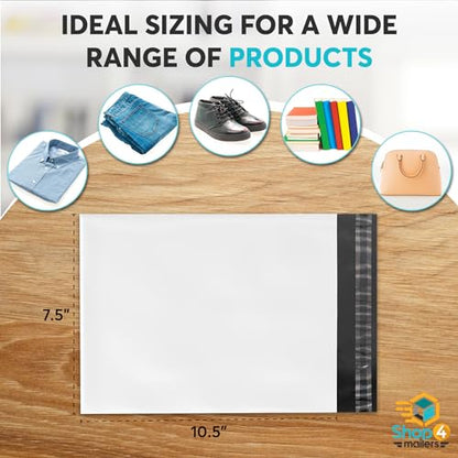 100 Count 7.5x10.5 Permanent Self Seal White Poly Mailers, 2.17 Mil - size: 100 Pack