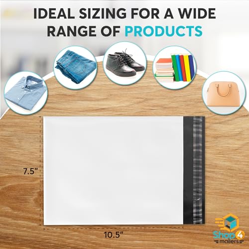 Shop4Mailers 7.5x10.5 Inch 2 Mil Poly Mailers – Glossy White Waterproof Tear-Resistant Shipping Bags for T-Shirts, Clothing, Apparel & Books with Permanent Self Seal Adhesive (100 Pack) - size: 100 Pack