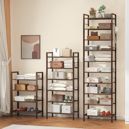 usikey 10 Tiers Narrow Shoe Rack 20-30 Pairs, Sturdy Metal Tall Shoe Rack Shelf with 4 Hooks, Slim Shoe Storage with Metal Shelf, Space Saving Vertical Shoe Organizer for Closet Entryway, Bronze - color: 10 Tier ( 17.9 X 11 X 69.2 Inches)-bronze