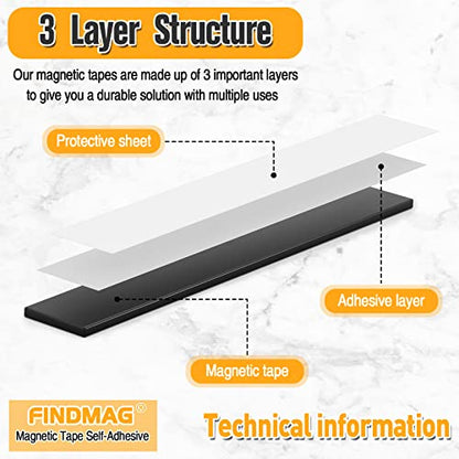 FINDMAG Magnetic Tape, Magnetic Strips with Adhesive Backing, 1 Roll 30 Feet Magnet Tape Perfect for Craft and DIY Projects, Whiteboards & Fridge (0.08" Thick 1/2" Wide)
