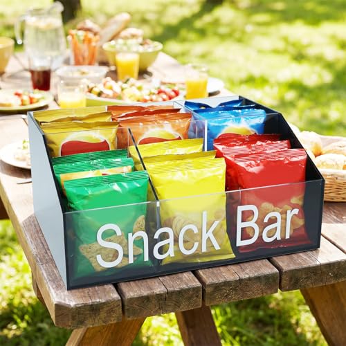Snack Organizer for Countertop, Black & Clear Acrylic Snack Bar Organizer, 4 Compartment Snack Holder Chips Organizer, Trapezoid Snack Basket Bin for Kitchen Pantry Organizer and Storage