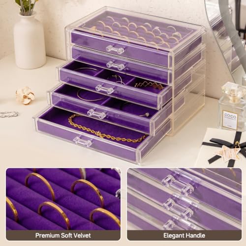 Frebeauty Acrylic Jewelry Box,5-Layer Jewelry Organizer with Drawers - color: Purple