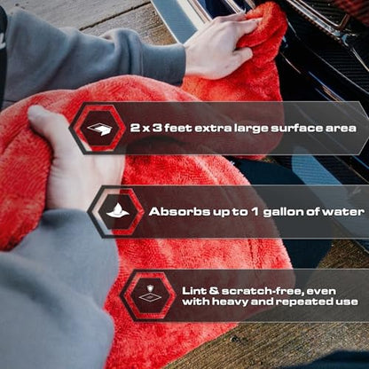 Blackline Microfiber Car Drying Towel 24"x36", 1300GSM Twisted Loop - color: Crimson