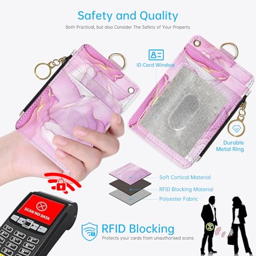2-in-1 ID Badge Holder & Lanyard Wallet，Cute Zippered Pouch Pink Marble - color: Pink Marble