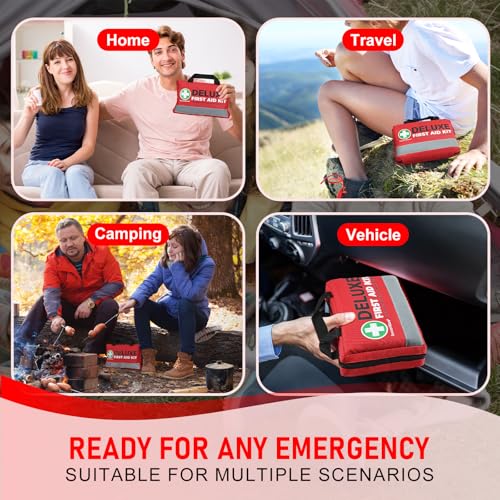 SuccorWare 380 Pieces Deluxe First Aid Kit Compact Trauma Medical Kits with Assorted Bandages, Instant Cold Pack, Emergency Blanket for Home, Travel, Camping, Vehicle, Emergency Kits(Red)