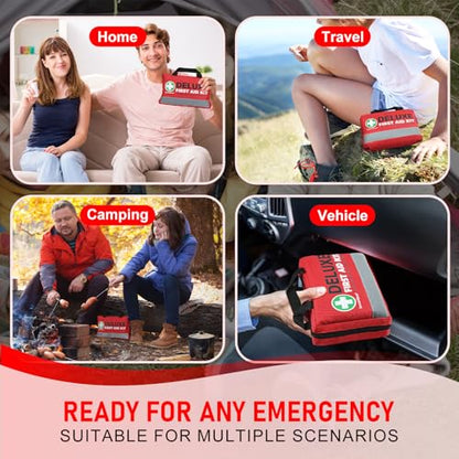 SuccorWare 380 Pieces Deluxe First Aid Kit Compact Trauma Medical Kits with Assorted Bandages, Instant Cold Pack, Emergency Blanket for Home, Travel, Camping, Vehicle, Emergency Kits(Red)