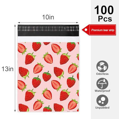 Whaline 100Pcs Strawberry Poly Mailer 10 x 13 Inch Pink Red Fruit Mailing Bag Cute Self-Sealing Plastic Packaging Envelope Bag for Small Business - style: Strawberry