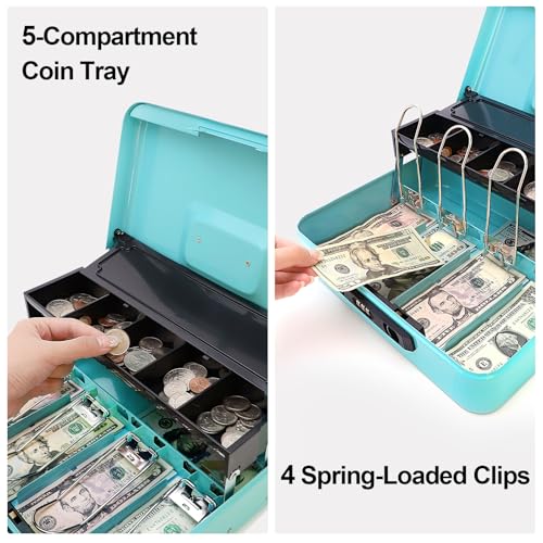 Jssmst Metal Cash Box with Money Tray and Lock, Portable Cash Drawer, 11.8" - color: Light Blue Code-B