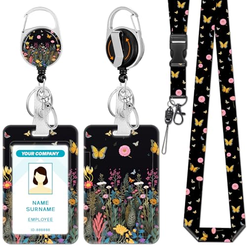 Hancynir Butterfly Lanyard for Id Badge, Badge Holder Retractable Reel Clip - color: Butterfly Floral