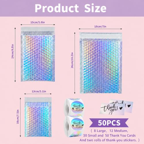 50Pack Bubble Mailers, Holographic Bubble Padded Envelopes, 3 Sizes