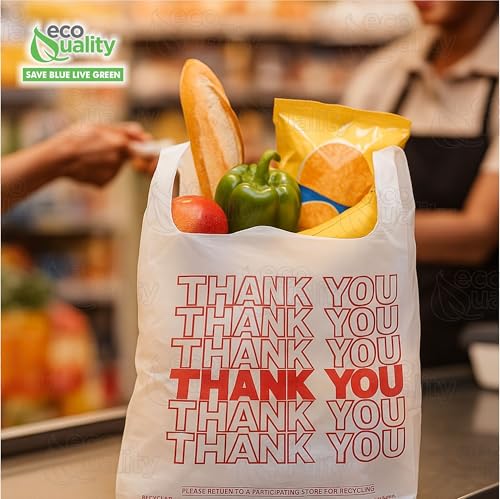 EcoQuality White Plastic Thank You T Shirt Bags 1000ct, 1/8 Medium Grocery Shopping Carry Out Take Out Reusable Poly Bags (17 x 10 x 6 inches) (16 Micron)