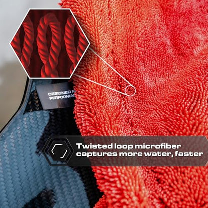 Blackline Microfiber Car Drying Towel 24"x36", 1300GSM Twisted Loop - color: Crimson