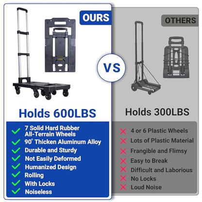 Upgraded 600LBS Heavy Duty Folding Hand Truck Dolly, Light Weight Utility Dolly Platform Cart with 7 Wheels, Brakes, Handle Lock, and 2 Elastic Ropes for Luggage, Moving, Shopping Use - style: 600 lbs, 7 Wheels