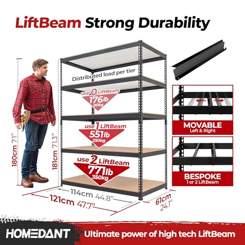 HOMEDANT Black 47.7" Deep 5 Tier Storage Shelves Garage Shelving Unit Metal - color: Black, size: 47.7"W x 24.1"D