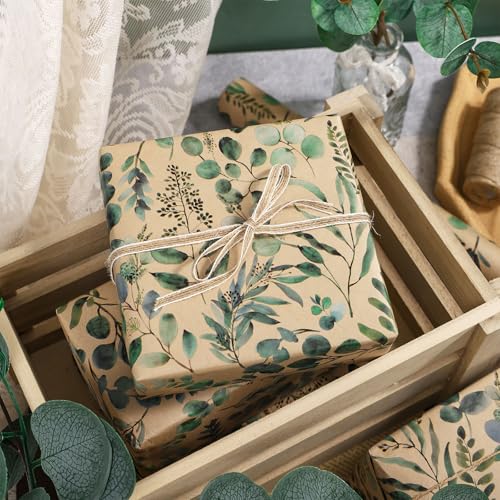 RUSPEPA Wedding Wrapping Paper, 17 in x 16.4 ft, Mini Roll, Eucalyptus Leaf Gift Wrap Paper, Green Flower Kraft Wrapping Paper for Women, Spring, Summer and Birthday - color: Eucalyptus Leaf, size: 17 in X 16.4 Ft