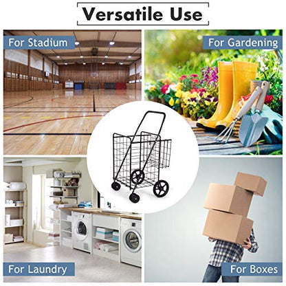 Happygrill Folding Shopping Grocery Cart Metal Rolling Cart with Double Basket Non-Slip Handle and Swivel Wheels, Light Weight Utility Cart for Laundry Book Luggage Travel