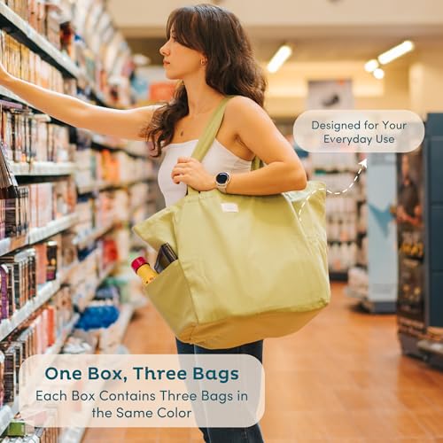 Nook Theory 3-Pack Reusable Grocery Bags - Heavy Duty, Large 12 Oz Cotton Canvas Reusable Shopping Bags With Pockets, 100% Cotton Cloth Grocery Totes, Foldable Multi Compartment (Ocean) - color: Ocean