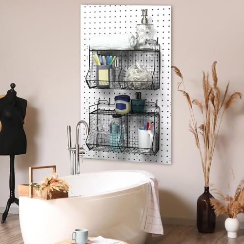Huwena 2 Pcs Tiered Pegboard Baskets Bins Set with 4 Hooks